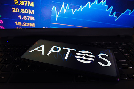In this photo illustration, the Aptos (APT) logo is displayed on a smartphone screen.