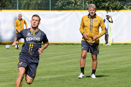 Marco Baroni (R), head coach of Hellas Verona FC seen in the training session during the preseason camp 2026-2027 at Sporting Center La Pineta.