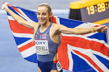 Georgia Hunter Bell of Great Britain celebrates after winning a golden medal during the 21st World Athletics Indoor Championships: 1500 Meters Women (Final) at Kujawsko-Pomorska Arena Torun.