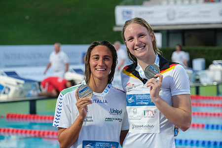 Simona Quadarella of Italy, Isabel Marie Gose of Germany and Veronica Santoni of Italy seen at the Podium of Women 1500m freestyle final during the first day at the swimming internationals of the 61th Settecolli Trophy.