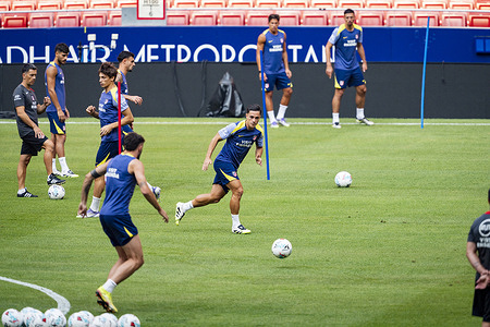 Giacomo Raspadori of Atletico de Madrid (C) seen in action during the training session at Estadio Riyadh Air Metropolitano.