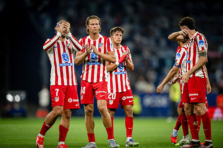 Antoine Griezmann (Atletico de Madrid), Marcos Llorente (Atletico de Madrid) and Giuliano Simeone (Atletico de Madrid) look dejected during a La Liga EA Sports match between RCD Espanyol and Atletico de Madrid at Stage Front Stadium. Final Score: RCD Espanyol 2:1 Atletico de Madrid.