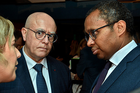 Aix-Marseille academy rector Bernard Beignier (L) and national education minister Pap Ndiaye (R) are seen during the visit to a kindergarten in Marseille. The Minister of National Education and Youth Pap Ndiaye visits the nursery school Villette Fonscolombe in Marseille.