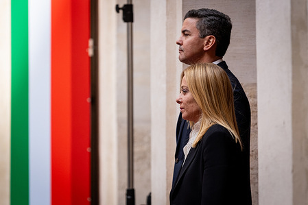 Italian Prime Minister Giorgia Meloni receives the President of Paraguay, Santiago Peña Palacios at Palazzo Chigi in Rome.