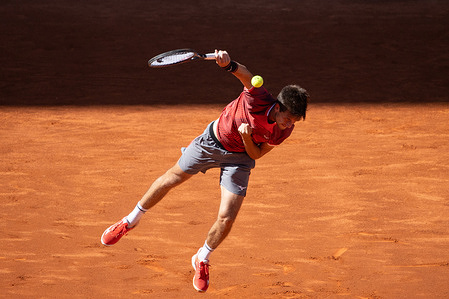 Vít Kopřiva, Czech tennis player, plays against Rafael Jodar of Spain (not pictured) during the Mutua Madrid Open tennis tournament at La Caja Mágica. Rafael Jodar wins 7-5, 6-0