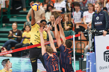 Wilfredo Leone Venero of Bogdanka Luk Lublin (L) seen in action during the SuperCup match between Bogdanka Luk Lublin and Jastrzebski Wegiel at Spodek (Katowice). Final Score; Bogdanka Luk Lublin won 3:1 (28:26, 25:27, 25:16, 27:25)