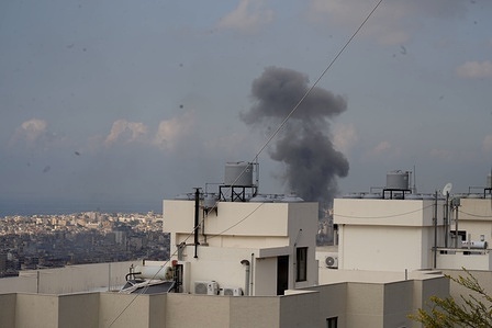 Plumps of smoke can be seen in Dahieh, south of Beirut, Lebanon. Israel strikes buildings in the Ghobeiry area in Dahieh, a traditional Hezbollah stronghold. IDF issues a warning to evacuate residents.