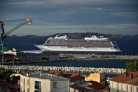 The passenger cruise ship Viking Jupiter arrives at the French Mediterranean port of Marseille.
