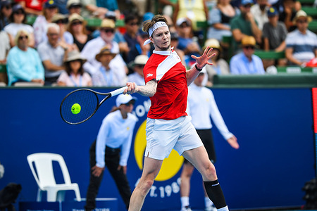 Alexander Bublik (KAZ) is seen in action during the tennis match with Yunchaokete Bu (CHN) (Not in picture) at Kooyong Classic Tennis Tournament. Bu won in straight sets with a score 6-4 7-6(5)