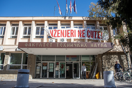 A banner hangs from the front of the building of the Faculty of Technical Sciences in Novi Sad. The university students make a lots of pressure all over the country on the Serbian Government since the Novi Sad's tragedy a year ago. The tragedy happened when the railway station concrete canopy collapsed and killed 16 people.
