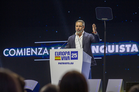 Santiago Abascal, leader of the Spanish far-right party Vox, addresses the public during the "Europa Viva 2025" event, held at the Vistalegre Palace. Europa Viva 2025 is the convention of the Spanish far-right party VOX, which this year was held under the slogan "For a new and decent Europe." It also brought together several European politicians and included Argentine President Javier Milei, who attended the Latin American event via video conference.