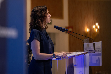 The President of the Community of Madrid, Isabel Diaz Ayuso, participates in an informative breakfast organized by the New Economy Forum at the Four Seasons Hotel in Madrid.