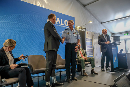 President and Chief Strategy Officer Andruil Industries Christian Brose (L) and Vice Chief of the Australian Defence Force Air Marshal Robert Chipman (R) are seen at the "Futurecast 2025. "Futurecast 2025, Megatrends that are reshaping the battlespace" is a forum presented by Andruil Australia at the Airforce and Defence industry conference held during Avalon International Airshow 2025.
