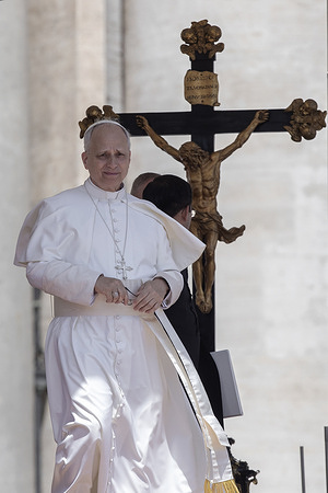 Pope Leo XIV seen during his weekly general audience in Saint Peter's square.