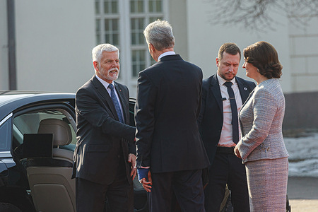 President of the Republic of Lithuania Gitanas Nauseda and First Lady Diana Nausediene seen welcoming the President of the Czech Republic Petr Pavel at the Presidential Palace in Vilnius President of Czech Republic, Petr Pavel and First Lady, Eva Pavlova are on a two-day state visit to Lithuania. They met with Lithuanian President, Gitanas Nauseda and First Lady, Diana Nausediene at the Presidential Palace in Vilnius, where the leaders held bilateral talks followed by a joint press conference.