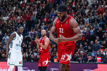 Josh Nebo #32 of EA7 Emporio Armani Milano celebrates during the Turkish Airlines EuroLeague 2025/26 Regular Season Round 15 game between EA7 Emporio Armani Milano and Panathinaikos Aktor Athens at Unipol Forum in Milan. Final score; EA7 Emporio Armani Milan 96 | 89 Panathinaikos Aktor Athens.