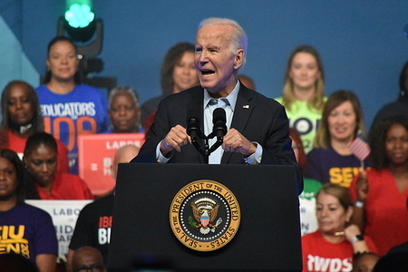 President of the United States Joe Biden references the Interstate 95 Bridge Collapse in his speech to the audience. President of the United States Joe Biden delivers remarks at a political rally hosted by union members at the Pennsylvania Convention Center in Philadelphia, Pennsylvania, United States on June 17, 2023