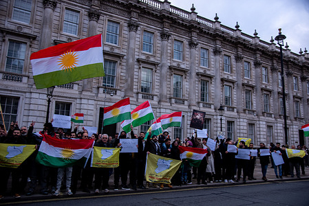 Supporters of the Iranian Resistance rally at Downing Street holding Kurdish flags and banners. Supporters have been expressing their solidarity with the nationwide protests in Iran that erupted on December 28, 2025.