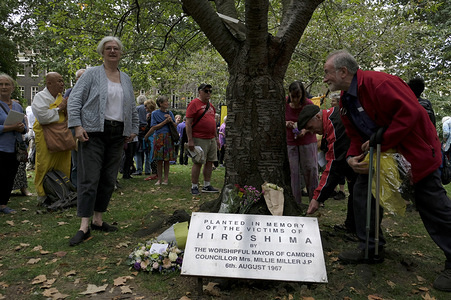 Flowers lay on the Cherry tree during the commemoration.
People gather for the 74th Hiroshima annual commemoration of the atomic bombing in 1945. A one hour ceremony was performed including speeches, two minutes silence and Wreath laying at the Hiroshima cherry tree.