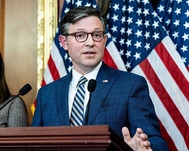 House Speaker Mike Johnson (R-LA) speaks at a press conference with the families of hostages held by Hamas at the U.S. Capitol.