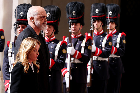 Italian Prime Minister Giorgia Meloni and the Albanian Prime Minister Edi Rama review the armed forces deployed in the courtyard of Palazzo Chigi. Premier Giorgia Meloni welcomed Albanian Prime Minister Edi Rama to Palazzo Chigi for a discussion of key bilateral issues and prospects for cooperation between the two countries.