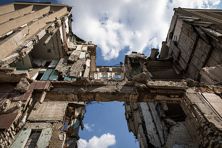 An exterior view of the destroyed Mykolaiv Regional State Administration building in Mykolaiv. The Mykolaiv Regional State Administration building was hit by a Russia missile strike on the morning of 29 March, 2022, resulting in 37 deaths and 34 injuries. One of Ukraine's main shipbuilding centres, the city of Mykolaiv has been the scene of heavy fighting between Russian and Ukrainian troops, forcing over 60% of civilian residents to flee.