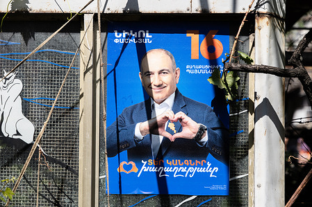 Campaign election flyer for current prime minister of of Armenia Nikol Pashinyan is seen displayed in Yerevan ahead of Armenia’s parliamentary elections on June 7.