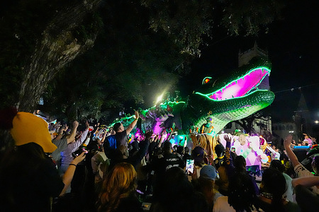 People reach for throws as the Krewe of Bacchus parade rolls down St. Charles Avenue ahead of Mardi Gras. The Krewe of Bacchus is rolling into its 58th year on the parade route with thousands of riders and a legacy that has helped shape modern Carnival. Known for its imposing alligator float and ode to the Greek god of wine, the iconic krewe first hit the streets of New Orleans in the late 1960s.