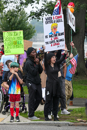 Anti-Trump demonstrators hold placards during Harrisburg's "No Kings" protest.