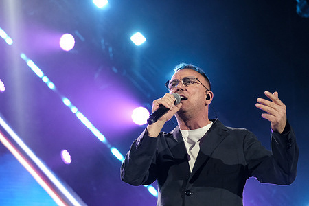 Gigi D'Alessio performs on stage during his "Gigi Palasport 2026" tour at Inalpi Arena. The Italian singer and songwriter brought his live show to the city celebrating over thirty years of career with his most famous hits and new tracks from his latest repertoire.