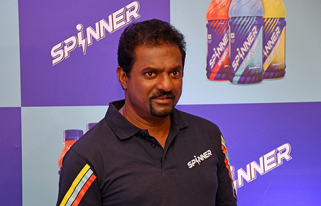 Former Sri Lankan cricketer Muttiah Muralitharan speaks to the media during the launch of 'Spinner' the new game changing sports drink co-created with Reliance Consumer Products Ltd at an event.