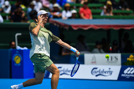 Denis Shapovalov (CAN) is seen in action during the tennis match with Jordan Thompson (AUS) at Kooyong Classic Tennis Tournament. Thompson won in three sets with a score 6-7(1) 6-3 10-8