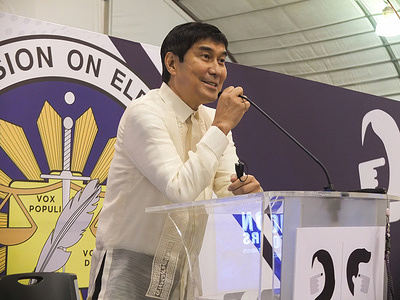 Senator Raffy Tulfo delivers a speech during a media press conference at the Philippine International Convention Center. Some newly-elected Philippine senators give their views and opinions regarding the incoming new government of President-elect Ferdinand "Bongbong" Marcos Jr. and share their insights as they start to work in the senate.