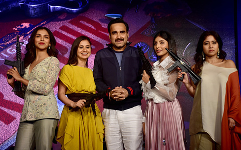 (L to R) Actress Shriya Pilgaonkar, Rasika Duggal, Pankaj Tripathi, Harshita Gaur and Shweta Tripathi are seen during the trailer launch of Amazon Prime Original Series 'Mirzapur' at hotel JW Marriott Juhu in Mumbai,