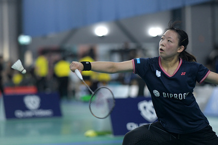 Kanae Sakai of Japan seen in action during the Women's single Round of 32 match against Tasnim Mir of India (not seen) at the 2025 ROKETTO Sydney International held at ROKETTO Badminton Centre. Sakai lost the match 7-15, 15-13, 5-15.