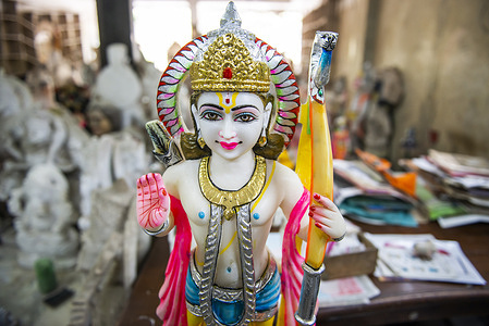 A statue carved from a stone for aesthetic beauty and divinity seen at the workshop.
Lord Rama is one of the most adored god and hero of the epic ' Ramayana ' He is a widely worshipped Hindu deity, Rama is said to be "Maryada Purushottama" which can be translated as the "Perfect Man". He stood for the purpose of righteousness and rewarding virtue. The Indian city of Ayodhya is claimed to be the birthplace of Rama.