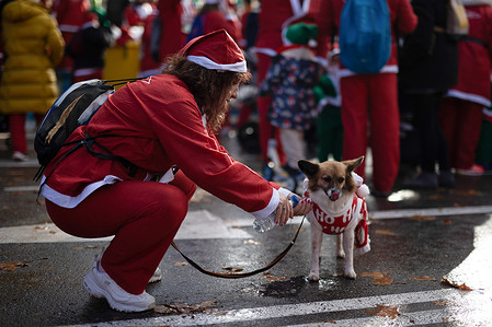 A woman dressed as Santa Claus pets her dog during a charity race. A charity race was organized by the Spanish department store chain El Corte Ingles where participants, mostly families, run dressed as Santa Claus or in Christmas-themed costumes.