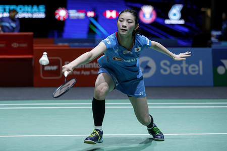 Tomoka Miyazaki of Japan plays against Pusarla V. Sindhu of India (not pictured) during the Women's Singles Round 16 match of the Petronas Malaysia Open 2026 at Axiata Arena. Pusarla V. Sindhu won with scores; 21/21 : 8/13.