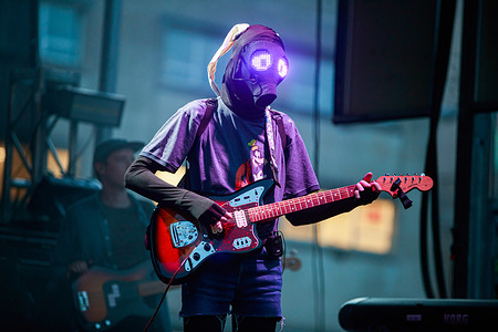 Will Toledo of Car Seat Headrest wears a mask while performing during the Granfalloon festival. Granfalloon is an annual festival of arts, music, and scholarship inspired by Hoosier author Kurt Vonnegut, according to the events webpage. The festival takes place in Bloomington, Indiana.