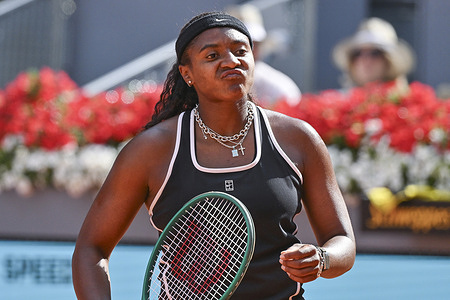 Hailey Baptiste of United States plays against Mirra Andreeva (not in view) during the Women's Singles Semi-Final match on day Eleven during the Mutua Madrid Open 2026 at La Caja Magica. Victory of Mirra Andreeva 6-4, 7-6