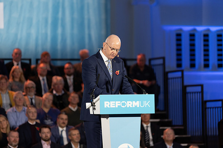 Checkatrade founder Kevin Byrne addresses Reform UK supporters during a Reform UK small business conference at the Royal Horticultural Halls.