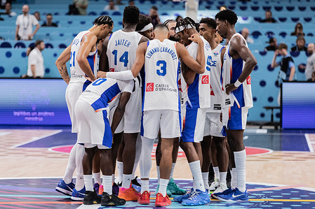 The team of France seen after losing in the round of 16 of the FIBA EuroBasket 2025 between Georgia and France at Arena Riga. Final score; Georgia 80: 70 France.