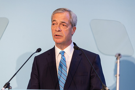 Nigel Farage, Reform UK leader speaks during the party press conference.