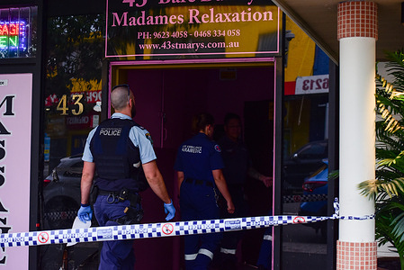 Police and ambulance paramedics attend an alleged crime scene at the "St. Mary's Massage parlour". Ambulance and police responded to an incident at St. Mary’s massage parlour, which is allegedly operating as a brothel. A large number of officers, detectives, and paramedics were on the scene, and the area was cordoned off with police tape, indicating an alleged crime scene and suspected death. Police have so far declined to provide details as the investigation is still ongoing.