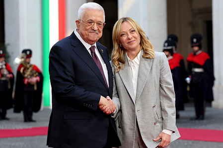 Giorgia Meloni greets Mahmoud Abbas with a hug and a handshake for a photo opportunity in the courtyard of Palazzo Chigi. Prime Minister Giorgia Meloni receives the President of Palestine, Mahmoud Abbas (Abu Mazen), at Palazzo Chigi.