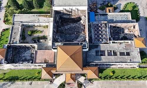(EDITORS NOTE: Image taken with drone)
A deserted view of Nepal’s Federal Parliament is pictured a month after the Gen Z protests toppling former Prime Minister KP Sharma Oli’s government in Kathmandu, Nepal. The protests led by youths against corruption left 75 people dead and several government buildings burned. Charred remains of government vehicles destroyed during the unrest are now stored within the Parliament premises after being collected from offices.