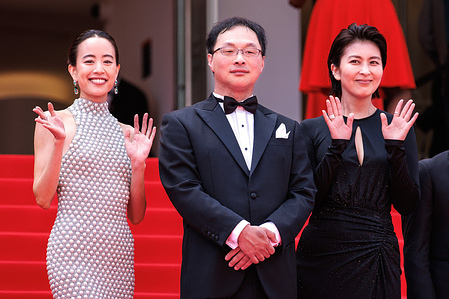 Shizuka Ishibashi, Koji Fukada and Takako Matsu attend the red carpet of "Nagi Notes" at the 79th Cannes Film Festival.