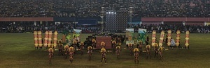 Marikina Sports Center,Marikina,NCR,Philippines, Marikina, NCR, Philippines - 11/12/2017: The men of Sinulog Festival roared their manliness as they performed their dance.The Biggest Annual Philippine Rehiyon-Rehiyon Festival was once again celebrated this month with the theme “Unity In Diversity” which the main goal is to unite all individuals coming from different region in the nation. The festival showcases the diverse culture and attitudes of Filipinos around the country to bond as one in a big dance celebration. It serves as a tribute to local groups/community who came from other regions of the country and choose to stay and settle in the city.