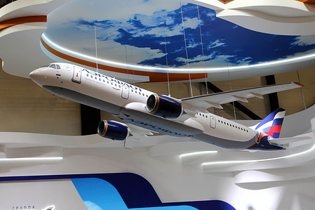 The aircraft model of the Aeroflot signboard presented by Russian Airlines at the St. Petersburg International Economic Forum 2024 (SPIEF 2024).