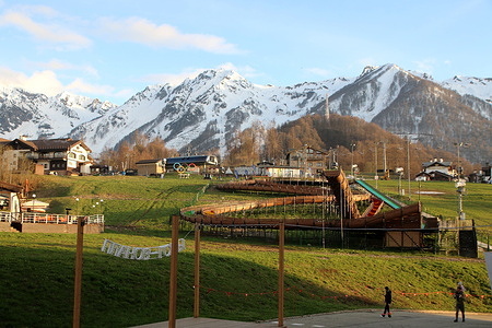 General view of the mountains with snow from the Olympic Mountain Village in the Rosa Khutor, Sochi.
